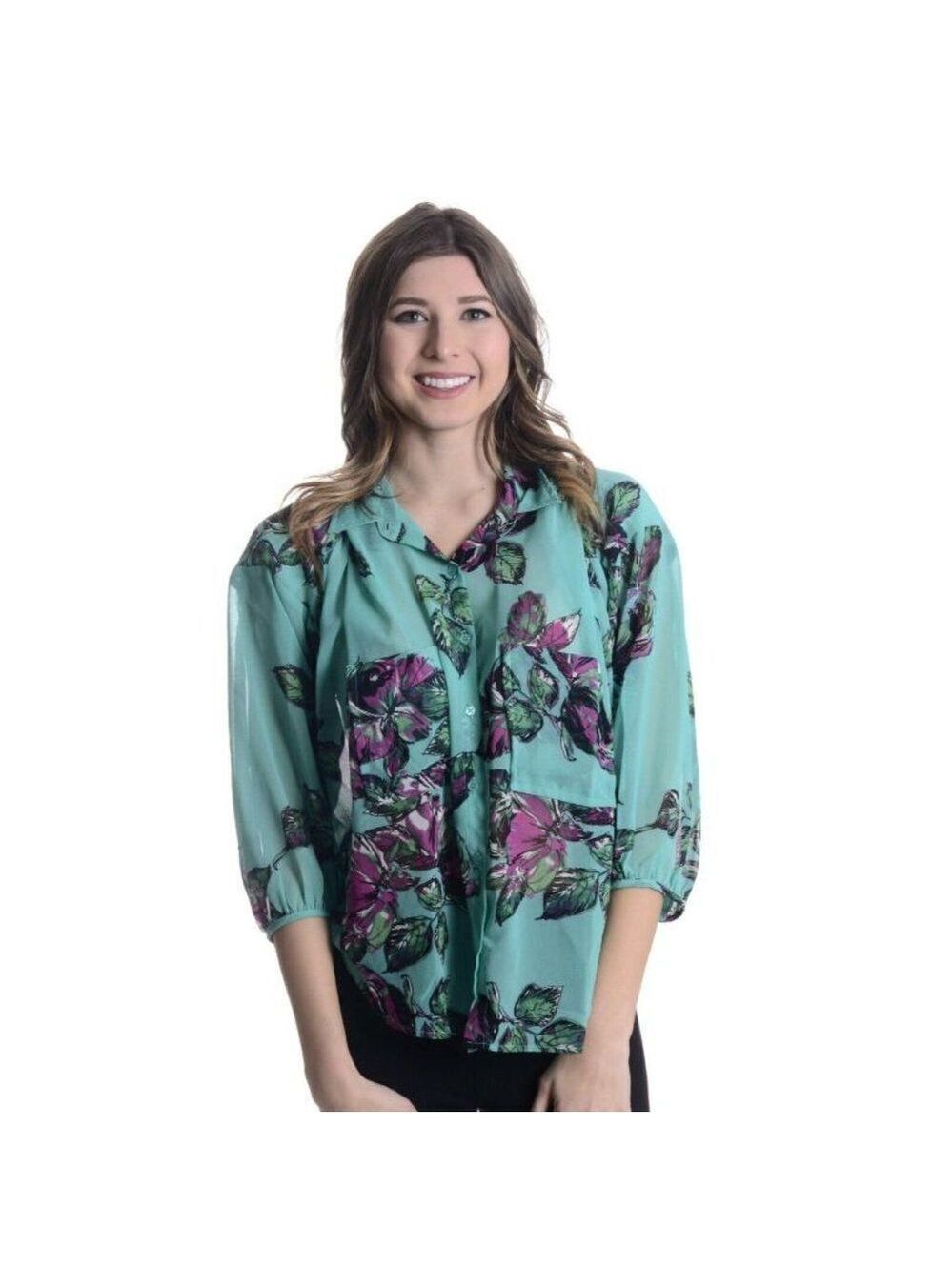 Lavender Brown Floral Chiffon Blouse Button Front